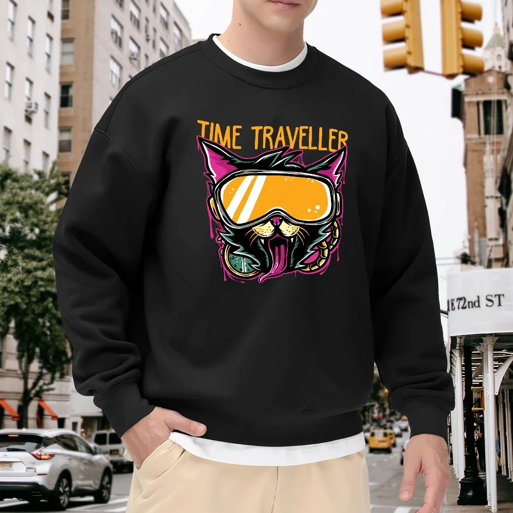 

Men's Black Crew Neck Loose Sweatshirt with Fun Cat Print, Street Fashion Casual Versatile Style, Comfortable Pullover for Everyday Wear