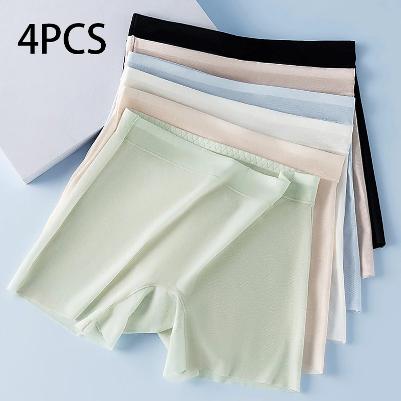 4pcs Summer Ice Silk Ultra-thin Quick-drying Boxer Brief Women Seamless High waist Panties Plus Size Female Safety Underwear