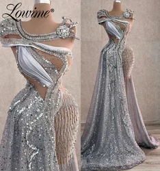 Silver Hot Sexy Long Party Dress High Split Side Sequins Beaded Prom Dresses 2024 A Line Birthday Evening Gowns Robes De Soiree