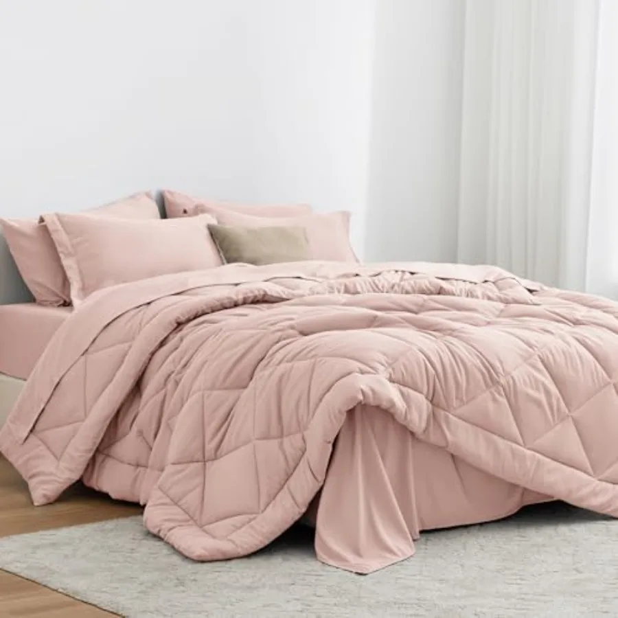 

Queen Bed in a Bag Pink 7-Piece All Season Bedding Set with Comforter Sheet Pillowcases and Sham in Soft Fabric for Cozy Sleep