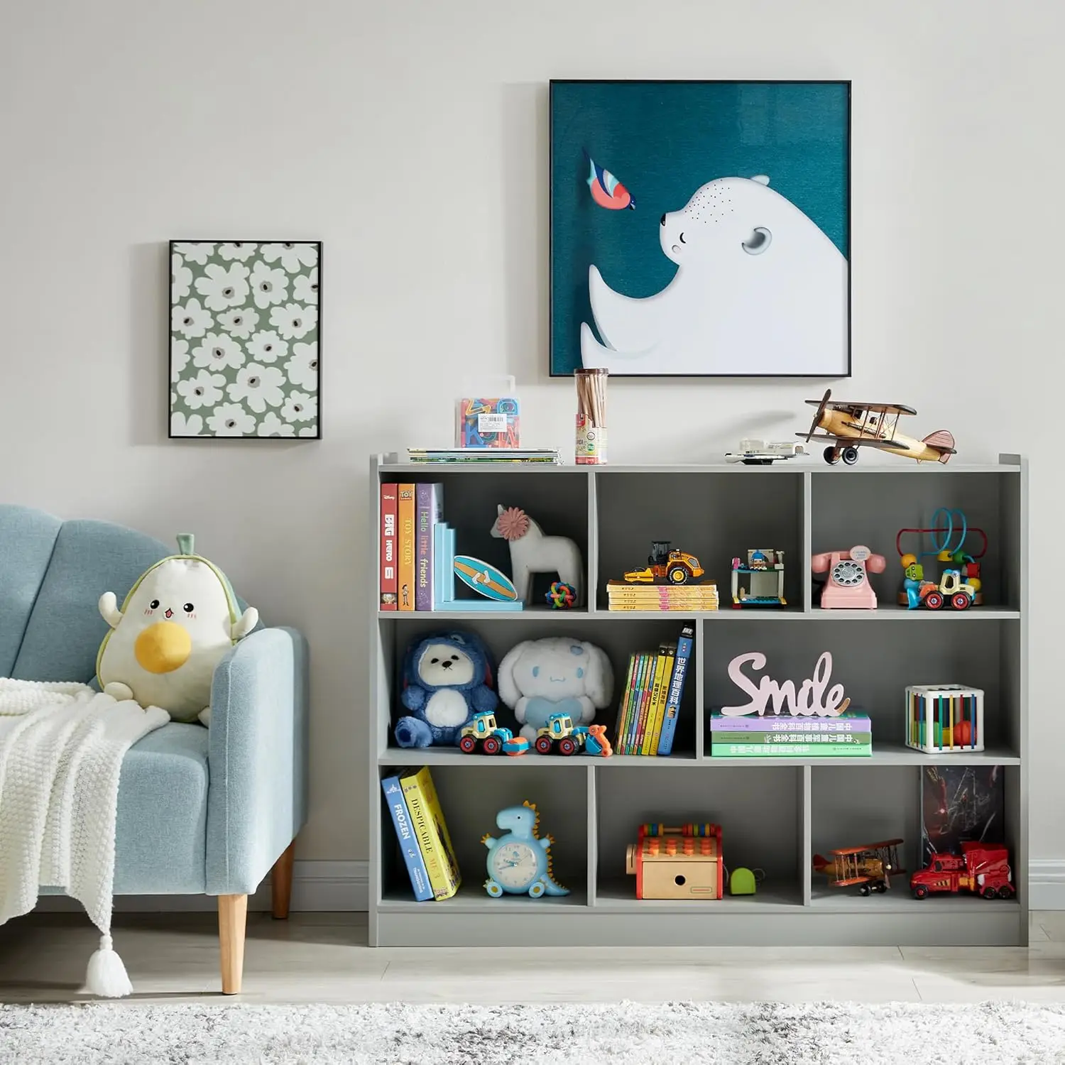 8-Section Wooden Bookcase, Storage Organizer with Anti-Tilt Device, Modern Storage Display Cabinet for Living Room, Classroom, K