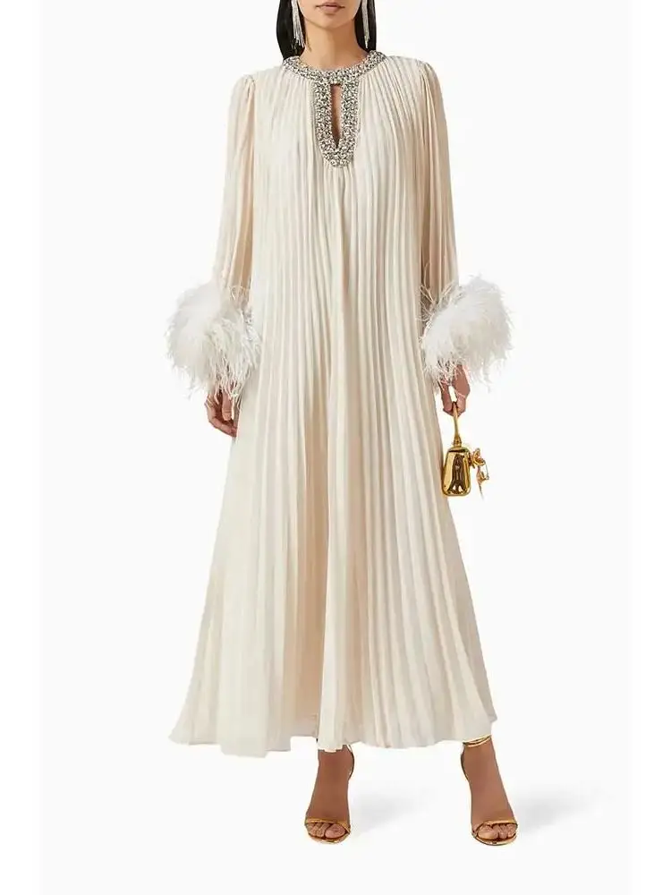 YUMDAI Dress Ankle Length Luxury Birthday Evening Gown Full Sleeve Summer Elegant Wedding Party Guest Beige Dress 2024 New Style