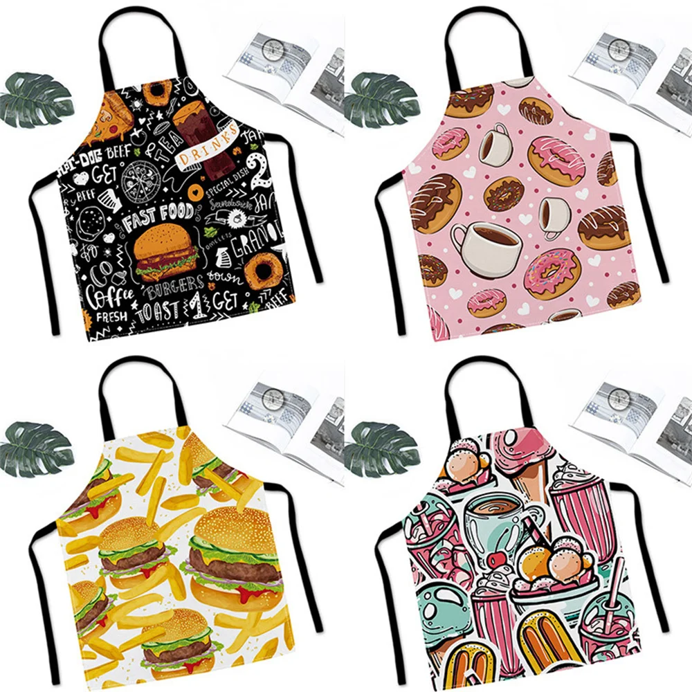 Coffee Hamburger Printed Kitchen Aprons for Adult Kids Household Linen Bib Fruits Vegetables Cooking Baking Apron Cleaning Tool