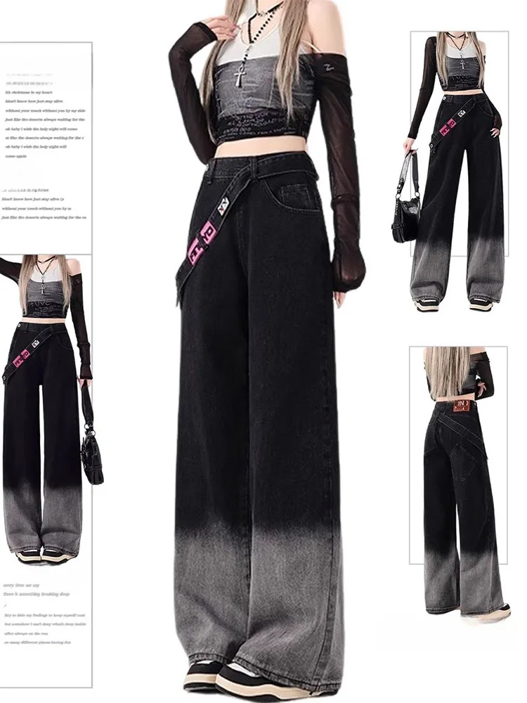 

High Waist Wide Leg Straight Cut Jeans Women's plus Size Black Gradient Spring New Style Side Zipper Loose Floor-Length Pants