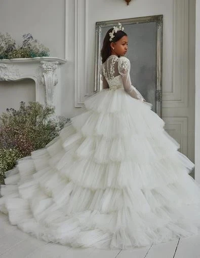 Precioso Vestido de manga larga para primera comunión, vestidos de cumpleaños de princesa pequeña, fondo grande, vestido de niña de flores, largo