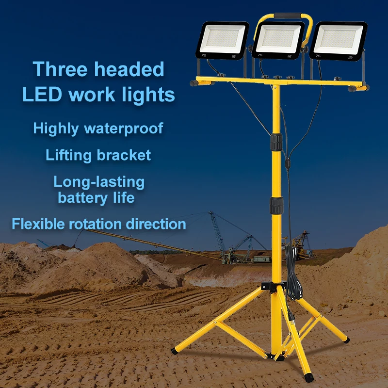 Led Work Flood Light Portable Three Heads 3X75W 5M Wire Plug Led Projector with 80 inches Metal Tripod Stand Outdoor Waterproof