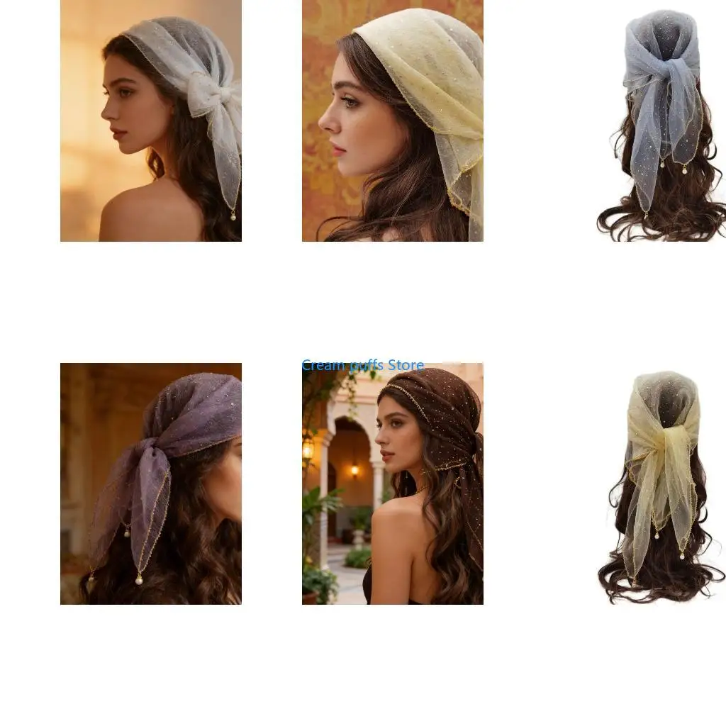 50LE Stylish 80x80cm Decorative Covering Scarf Pearls Trim Head Wrap With Elegant Pearls Embellishments for Women