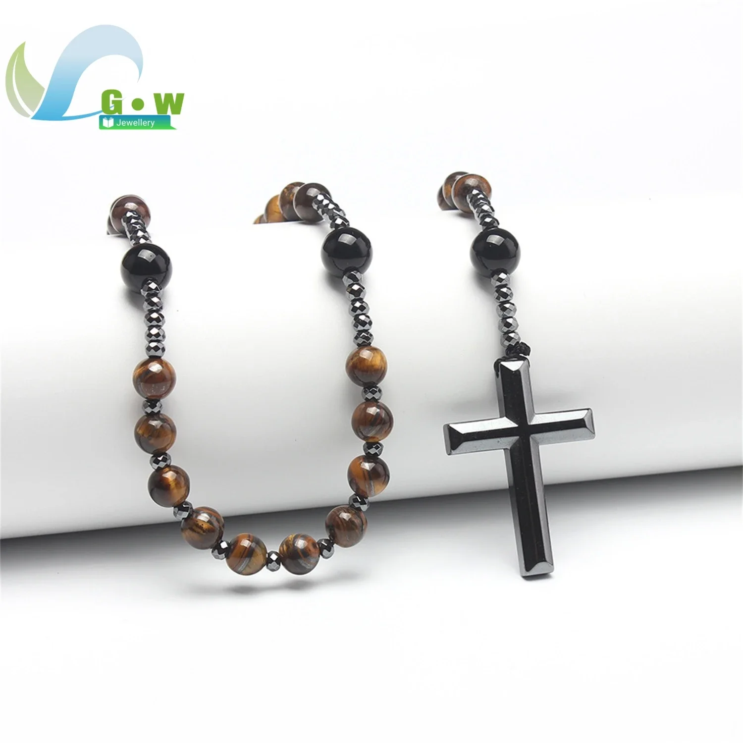 Unisex Black Tourmaline Cross Pendant Natural Stone Beaded Chain Adjustable Men Necklace Spiritual Protection Healing Energy