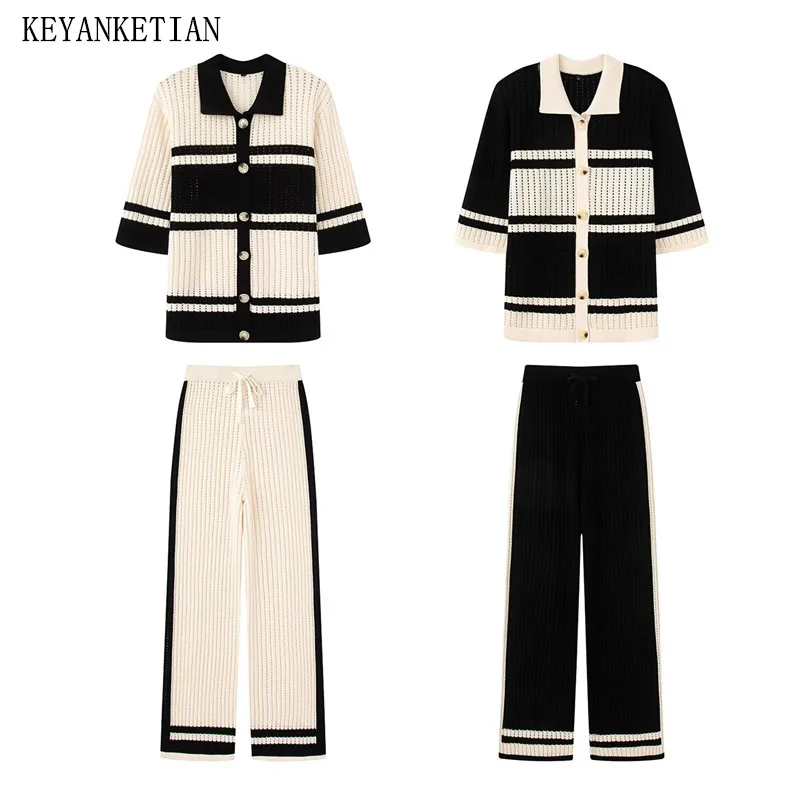 

KEYANKETIAN 2025 Summer New Leisure style Single Breasted Short Sleeve Knit Shirt Long Trousers Elastic Waist Women's Two-Piece