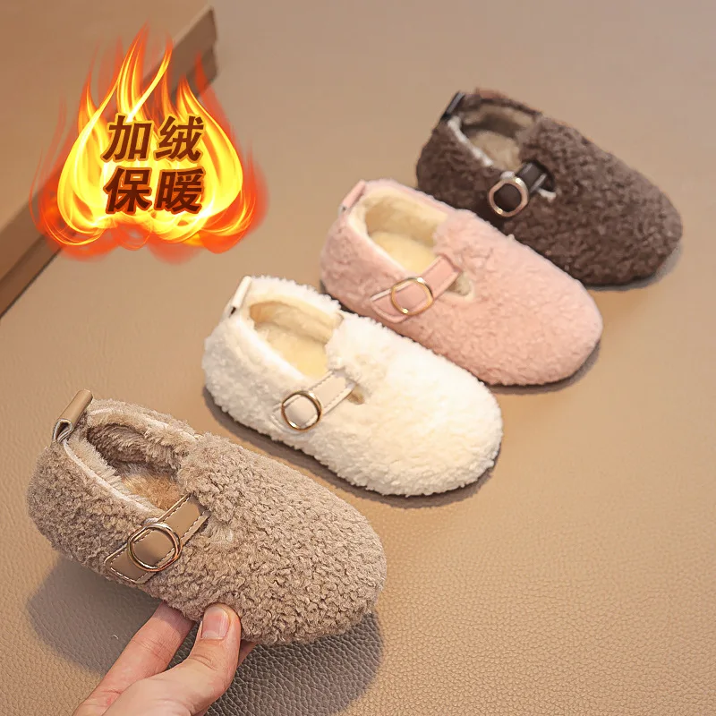Leisure Kids Loafers Warm Hook-loop 21-30 Chic Three Colors Boys Girls Shoe Winter Children Flat Shoes Fluffy Buckle Round Toe