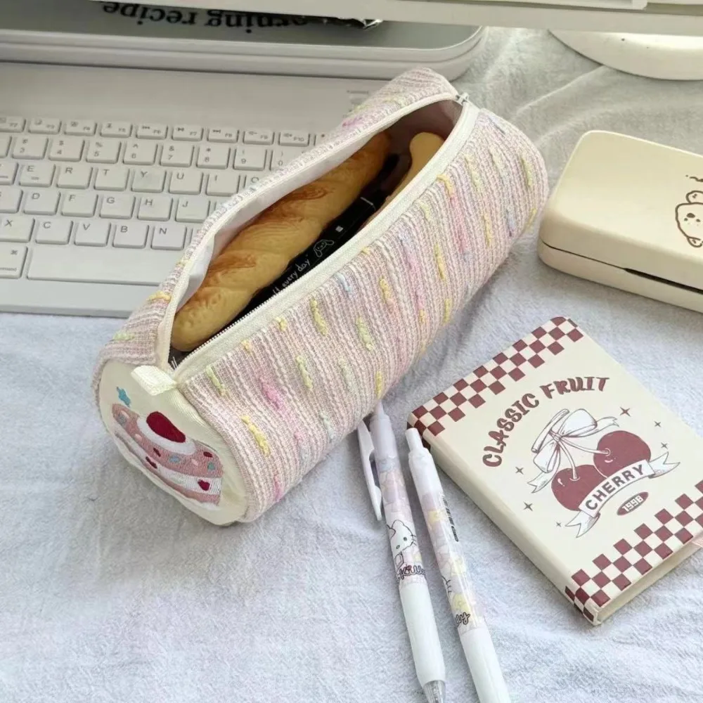 Versatile Large Capacity Strawberry Cake Pen Bag Cute Rainbow Cartoon Pencil Case Woven Pen Pouch Stationery Storage Bag Girl