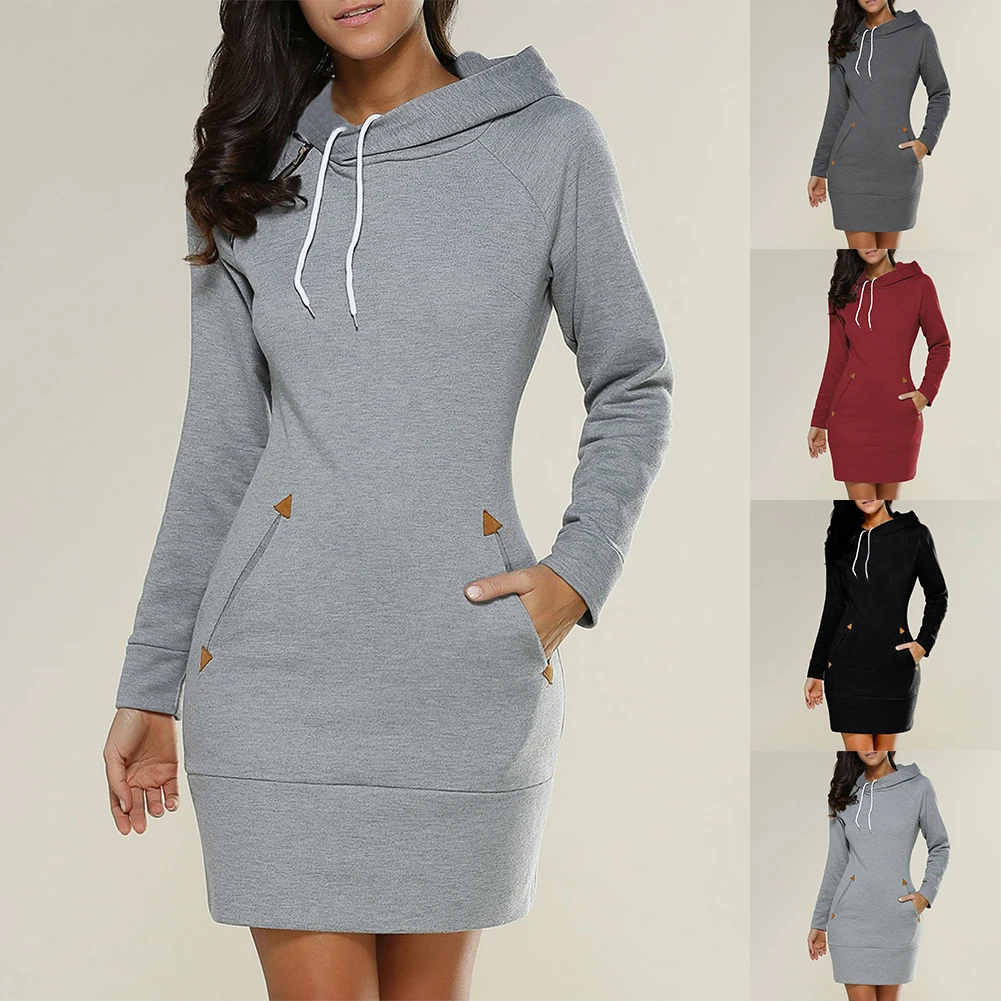 Ladies Loose Hooded Bodycon Dress  Comfortable Pullover Sweatshirt  Women\'s Long Sleeve Hoodie Dress for Autumn/Spring