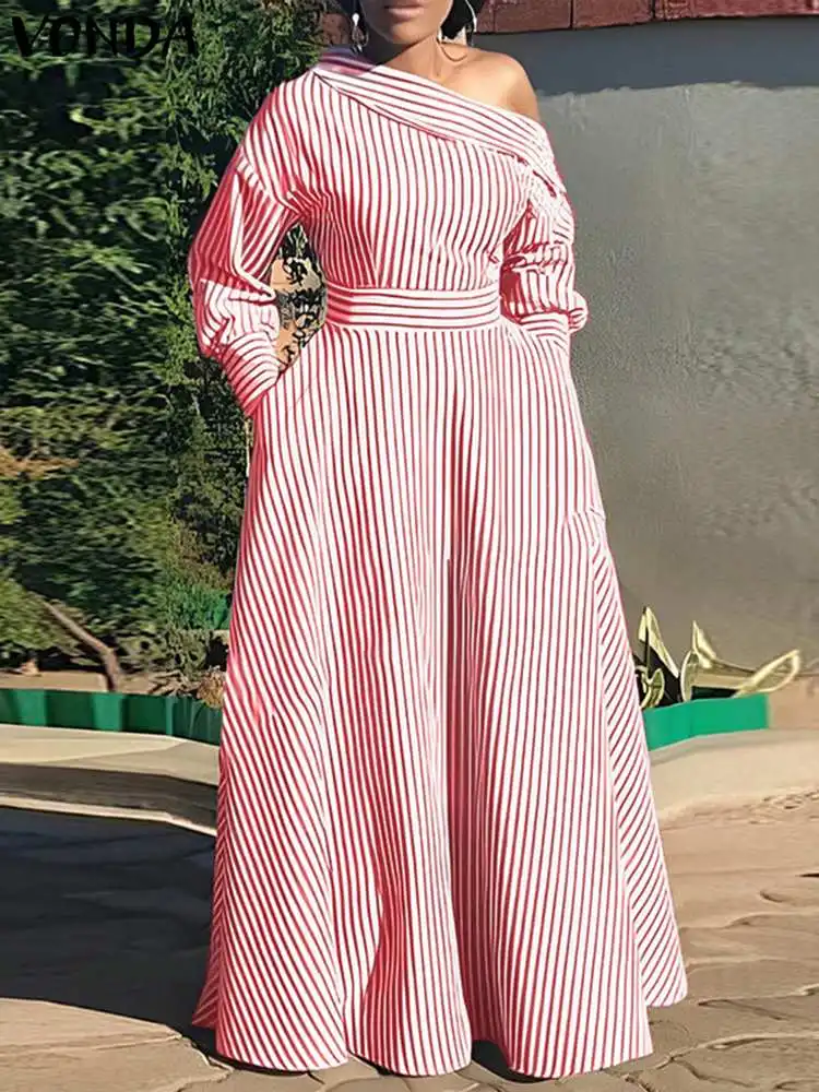 

Women Maxi Sundress VONDA Oversized Bohemian Elegant Striped Dress Casual Loose Off Shoulder Long Sleeve Party Vestidos Robe