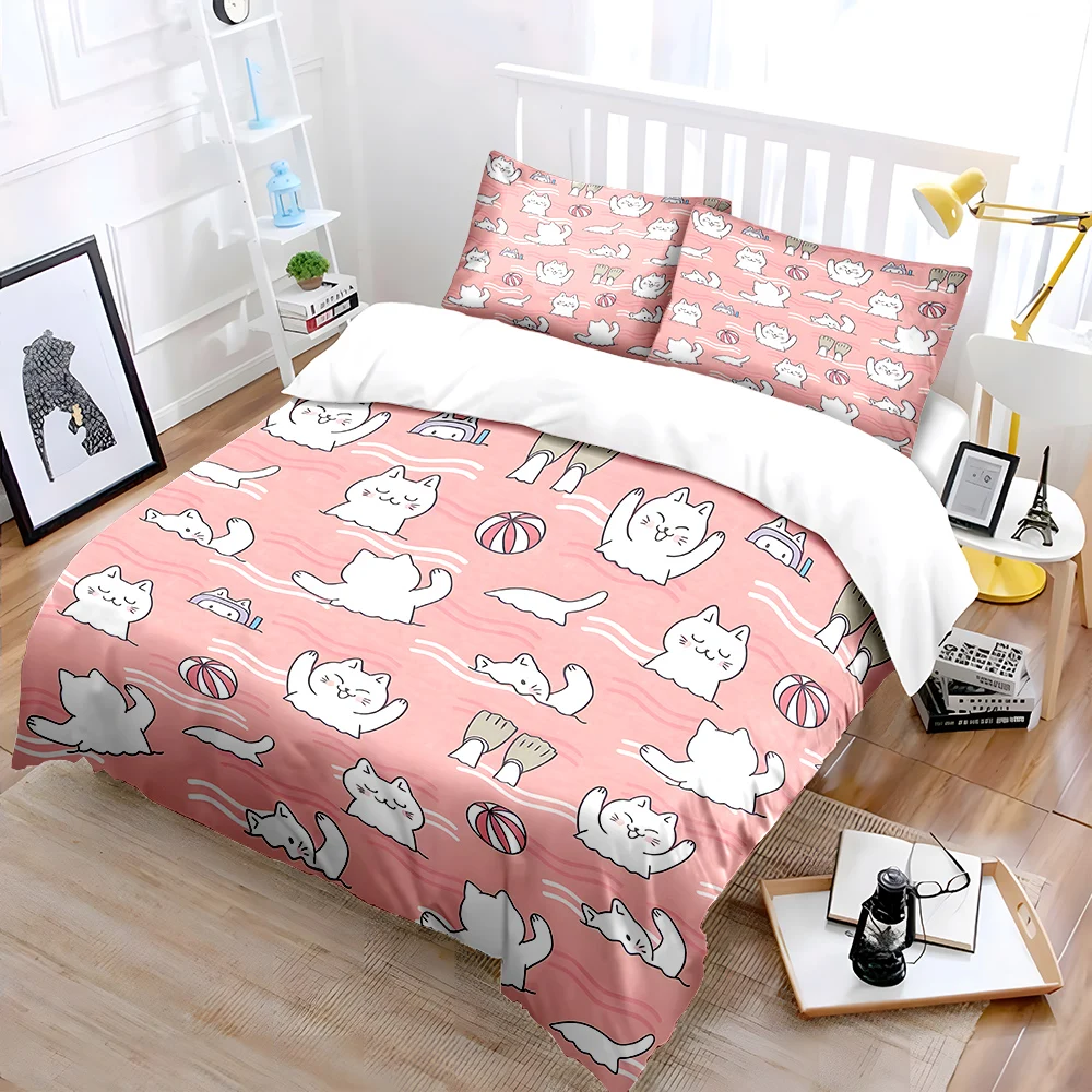Cute cats swimming pattern Print Bedding Set 1 Duvet Cover 2 Pillowcases for Adult and Children Luxury Gift Full Size