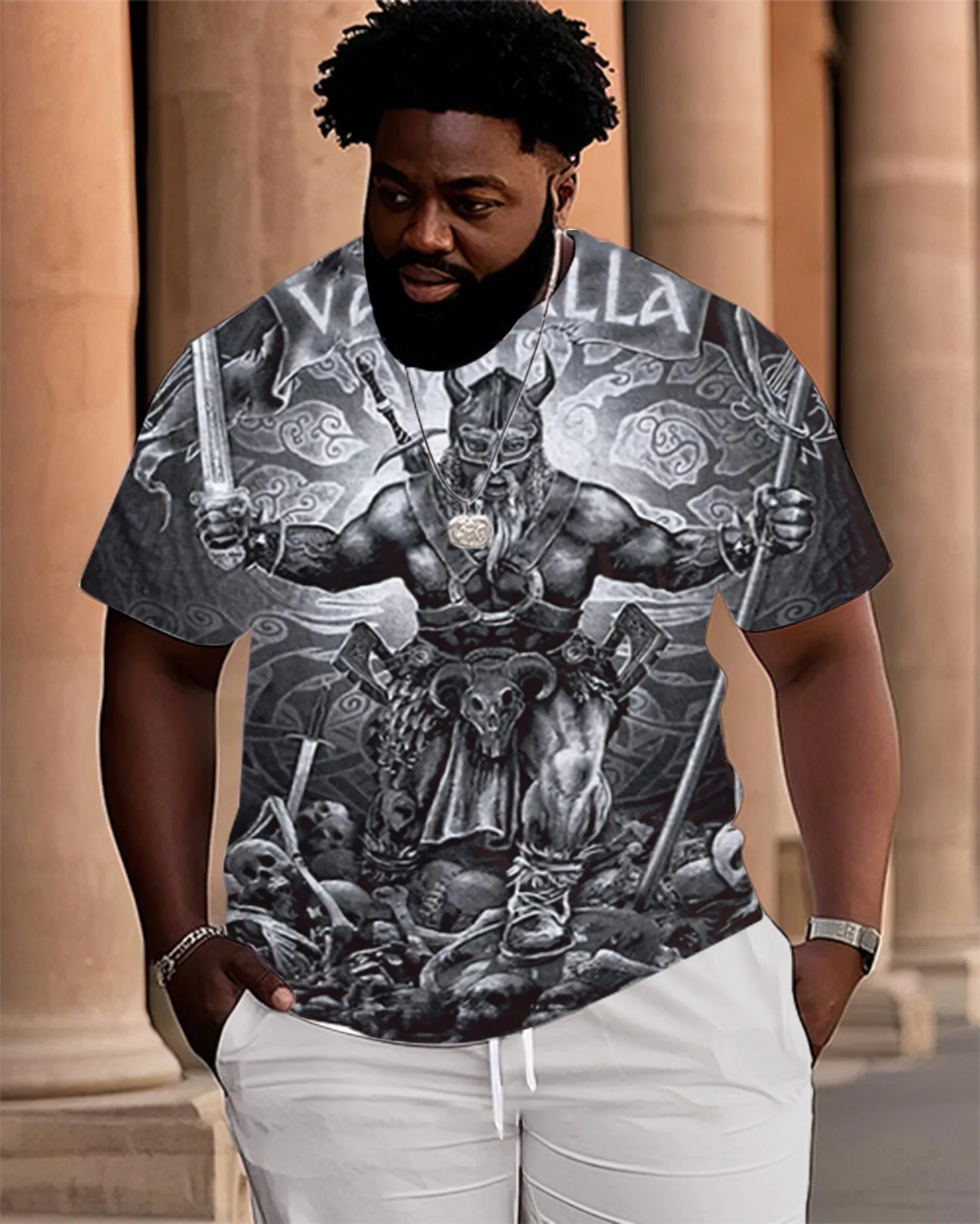 S-9XL Plus Size Men's Cyborg Motorcycle Angel Statue T-Shirt, Oversized Cyberpunk Streetwear Graphic Tee, Big Size Casual Top