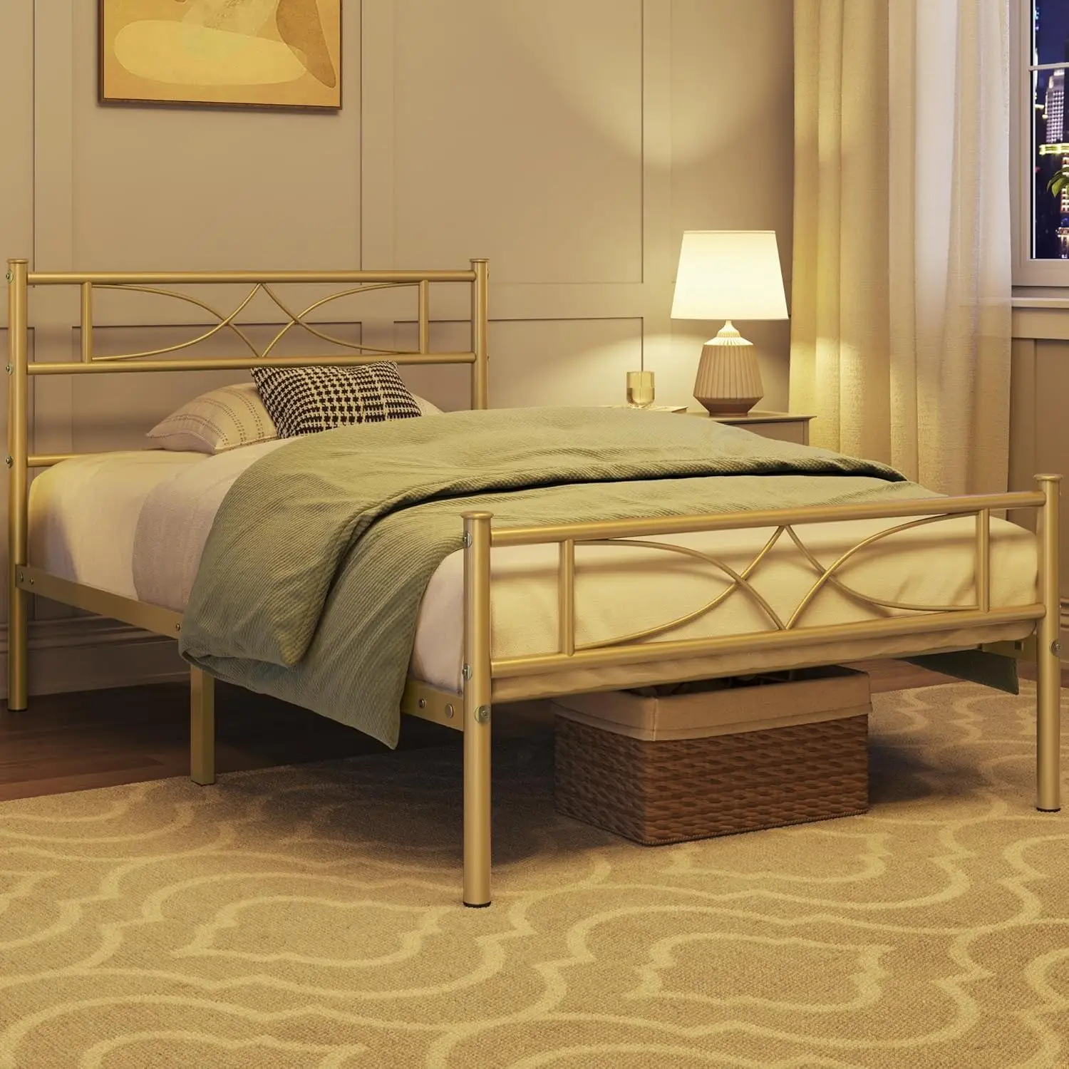 

Изогнутый металлический каркас кровати с изголовьем и изножьем, 13 дюймов пространства для хранения под кроватью, 12 стальных ламелей, без пружинного блока, размер Twin, цвет античное золото, на заказ