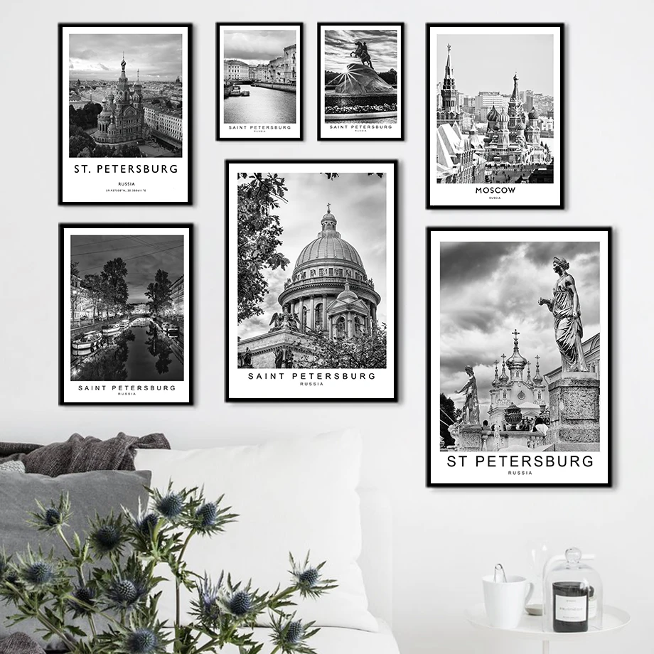 Black White St. Petersburg Moscow Russia Wall Art Canvas Nordic Style Living Room Decor Poster Print
