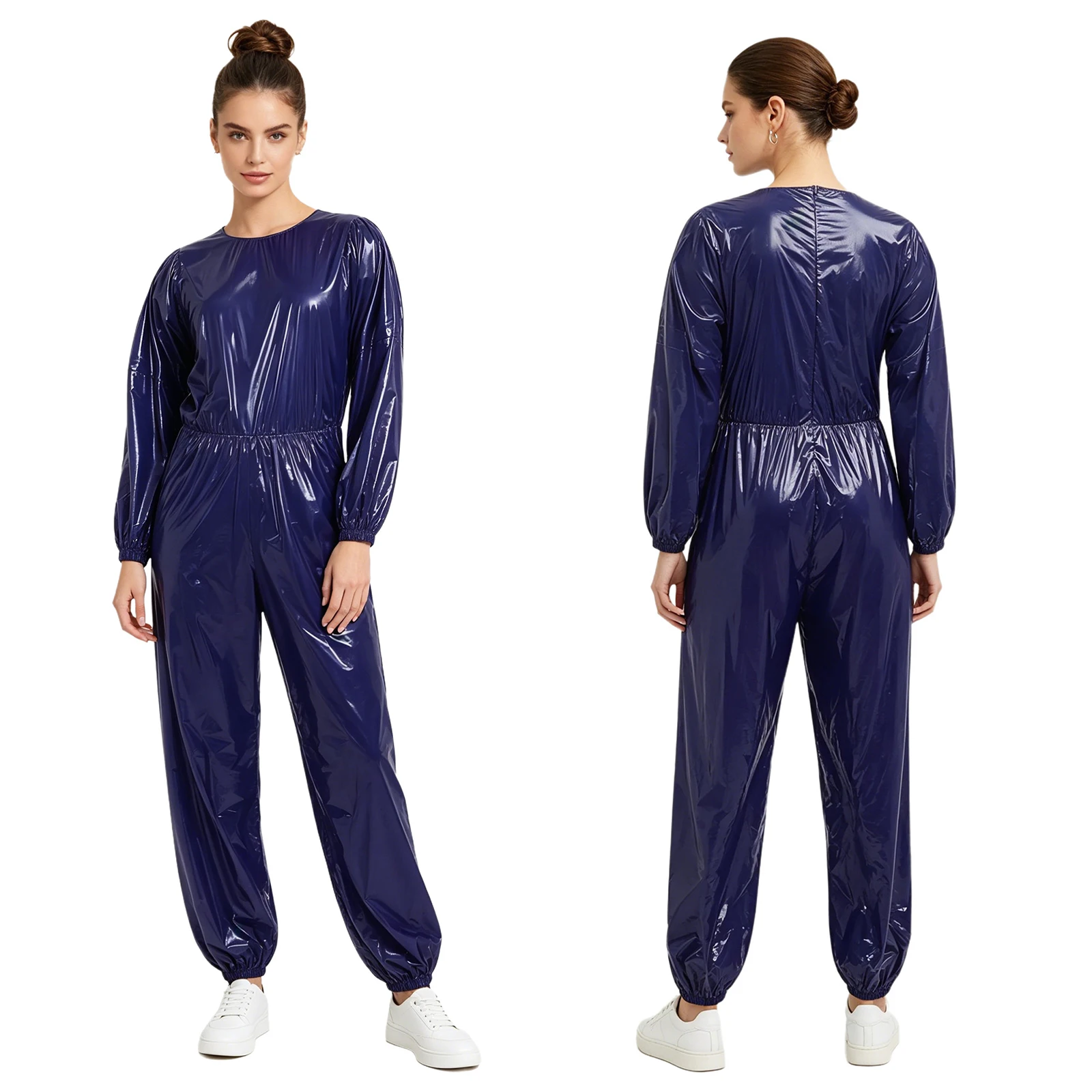 

Womens Sauna Sweat Jumpsuit Back Zipper Long Sleeve Long Pants Romper Waterproof Weight Loss Fitness Workout Unitard Bodysuit