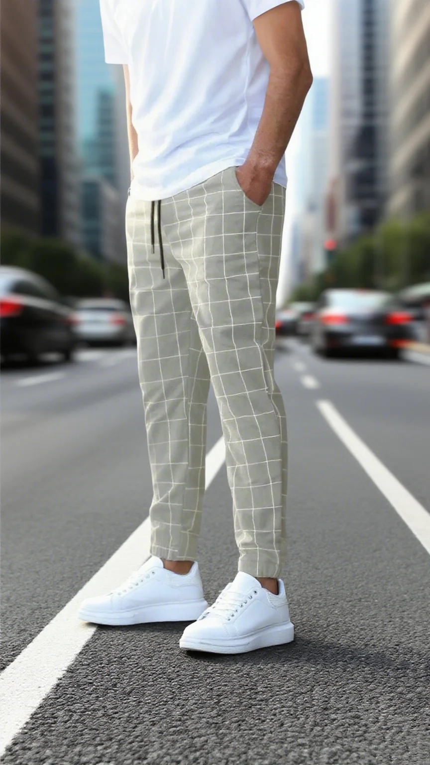 의류남성 맞춤형 작은 다리 바지, 고품질 한국어 버전, 체크 무늬 패션, 소매 색상, 캐주얼 핏 스포츠 스키니