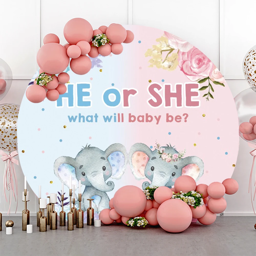Elephant Baby Shower Round Backdrop Cover Jungle Animals Blue Pink Boy Girl Gender Reveal Birthday Party Decor Circle Background