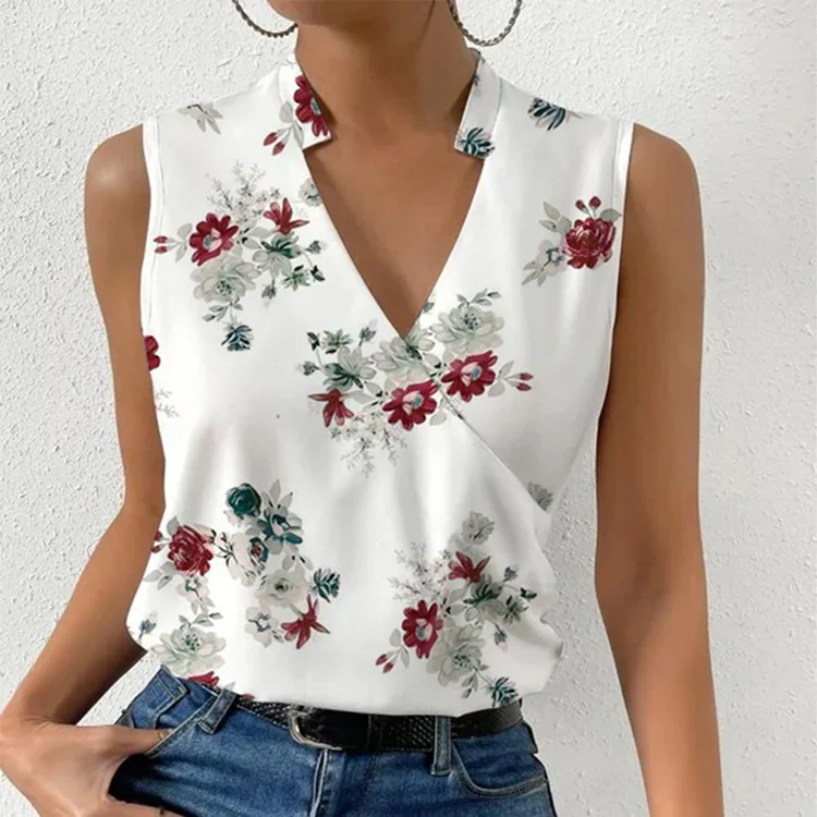 Fashion V-neck Sleeveless Floral Print Women Tops And Blouses 2023 Summer Casual Tank Top Femme Vintage Shirt Blouse