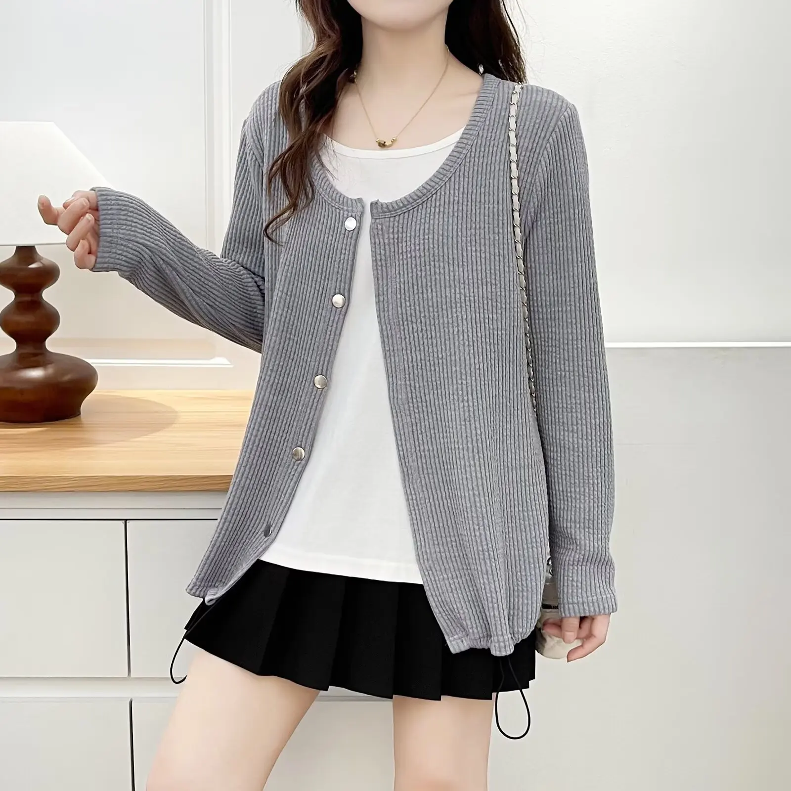 XXXXL موضة حجم كبير البلوزات النسائية الرجعية وهمية قطعتين محبوك جديد الخريف عادية كم طويل لاعبا 2562