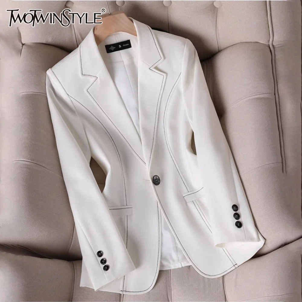 TWOTWINSTYLE Patchwork Pockets Slim Blazer For Women Notched Collar Long Sleeve Spliced Single Button Jackets Female KJA522007