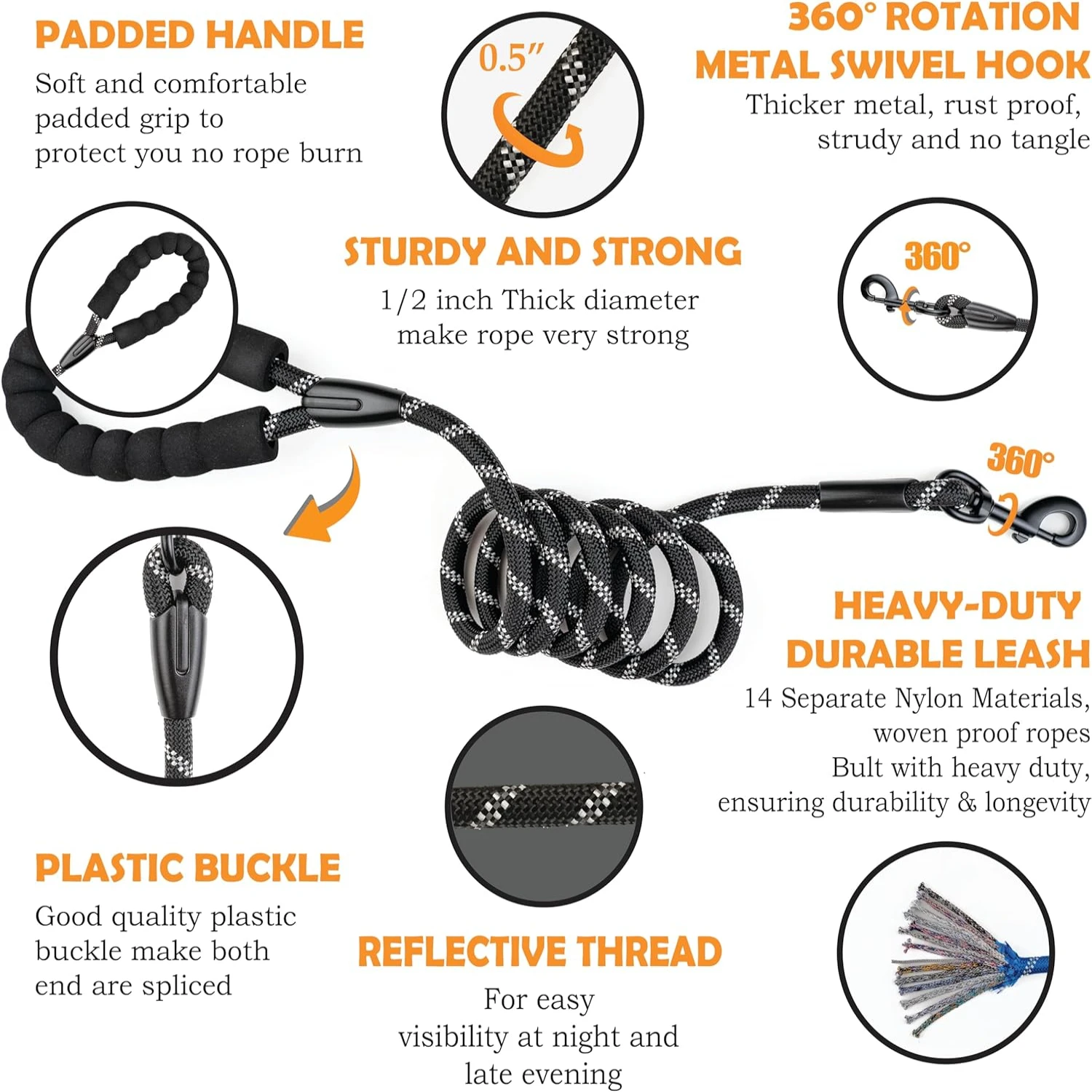 High Quality Premium Reflective 6 FT Dog Leash - Durable and Comfortable for Small, Medium, and Large Breed Pets - Ideal for Nig 3