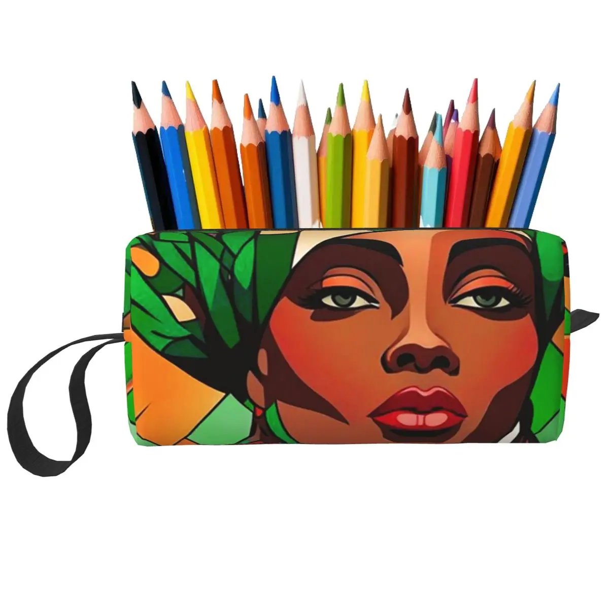 Vibrant African Women Portrait Glass Pencil Case for Kids Pen Box Pencil Bag Stationery Supplies Travel Women Organizer Pouch