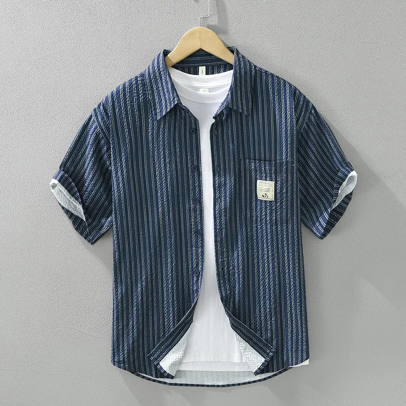 Striped Short Sleeve Shirt for Men Turn-down Collar Casual Shirts Male Loose Fashion Clothing