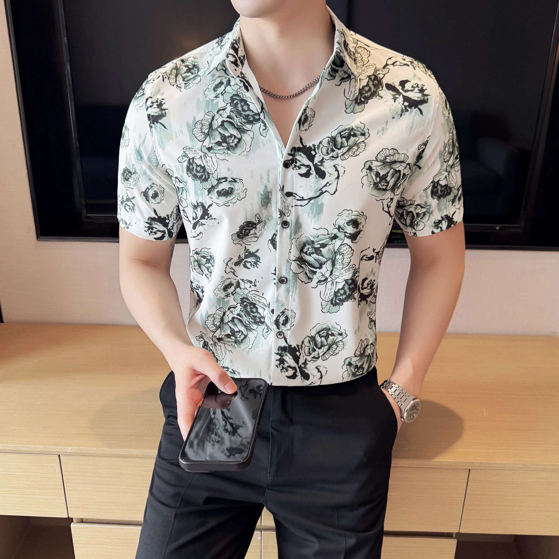 

Camisas De Hombre, летние новые модные рубашки из ледяного шелка с принтом для мужчин, универсальные дышащие облегающие блузки с короткими рукавами Homme 4XL