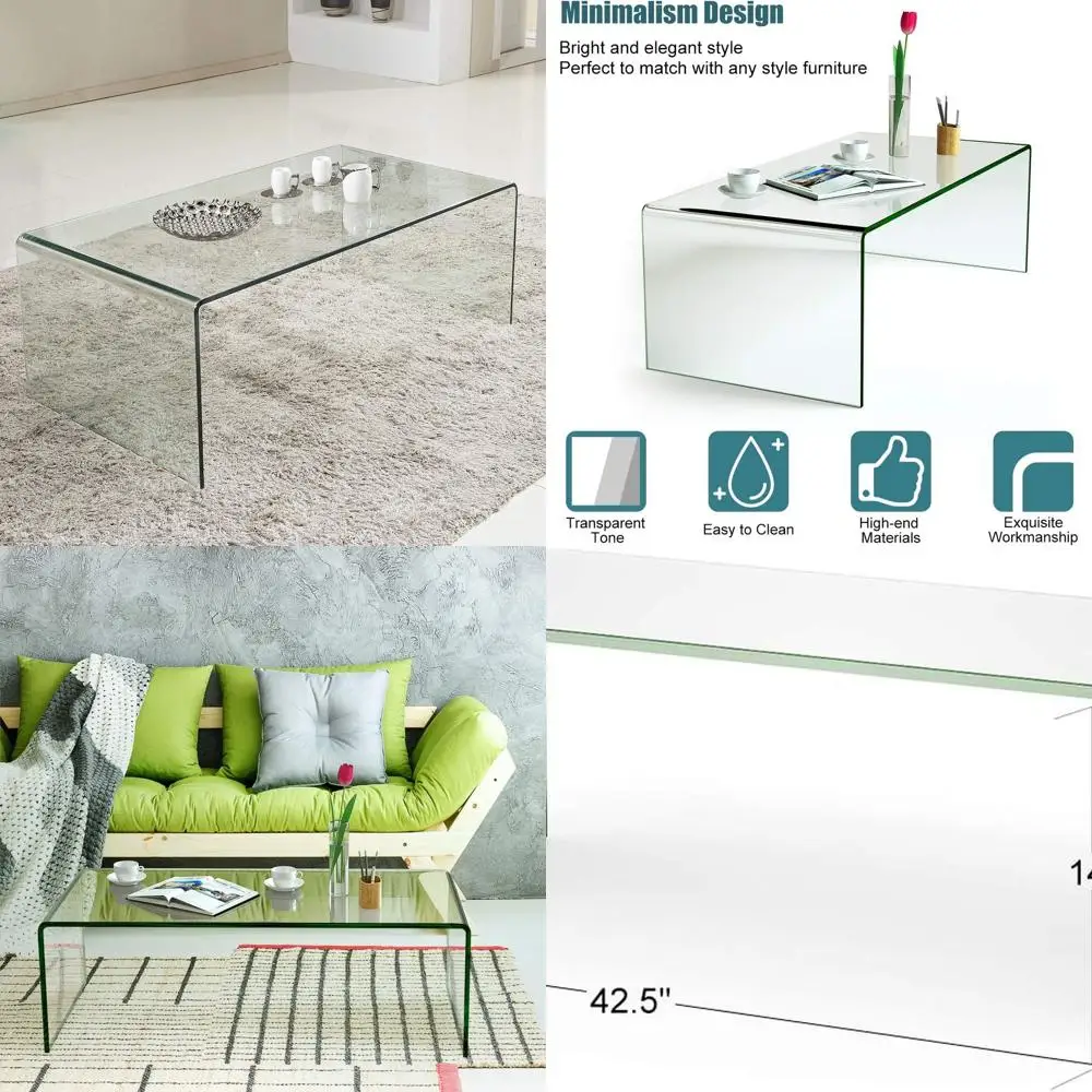 

Modern Clear Tempered Glass Coffee Table, 42.5L x 20W x 14H, with Small Rectangular Design and Foot Pads, Rounded Edges for Livi