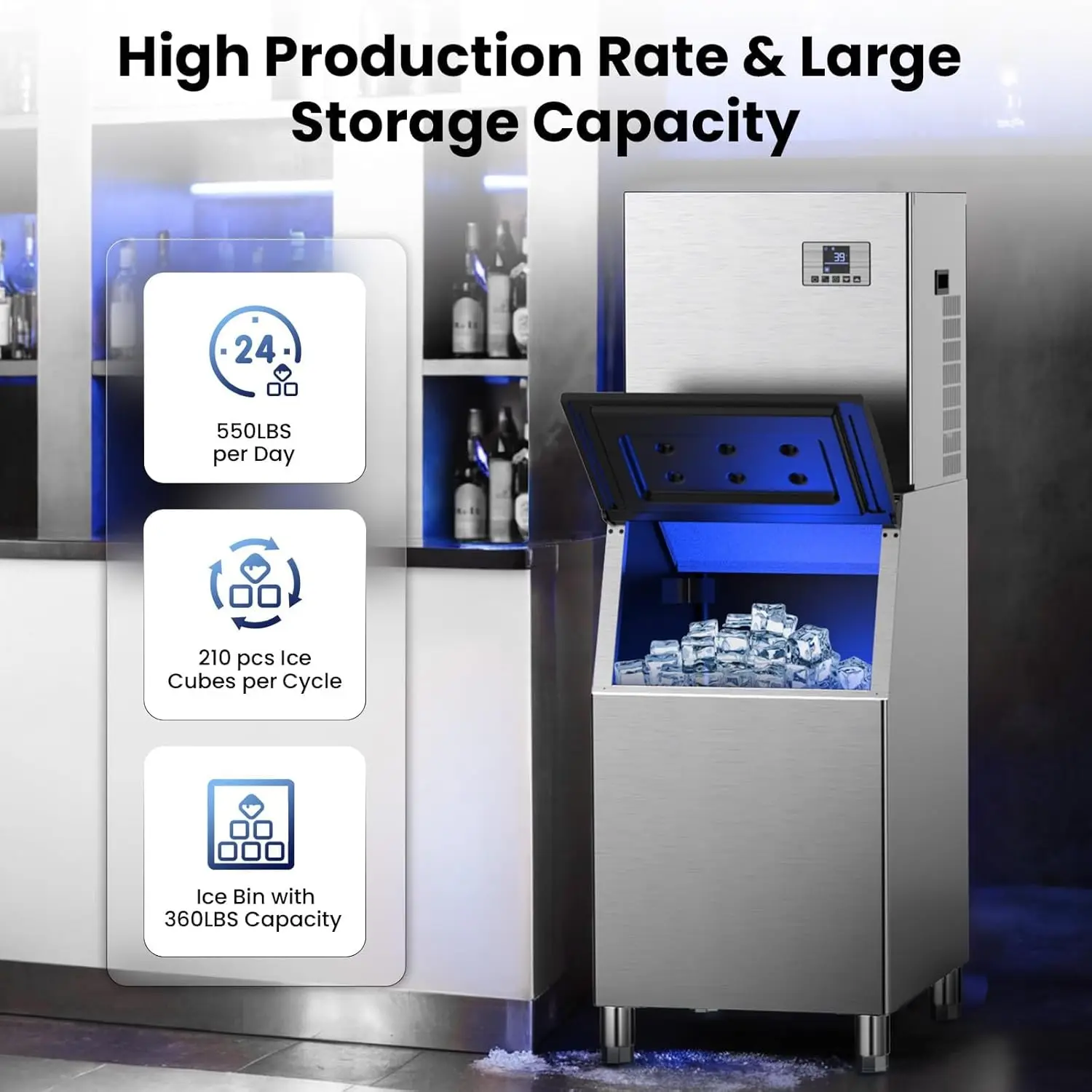 Commercial Ice Maker, Ice Making Machine with Large Storage Bin, Auto Self-Cleaning Ice Maker Perfect for Home Bar Business