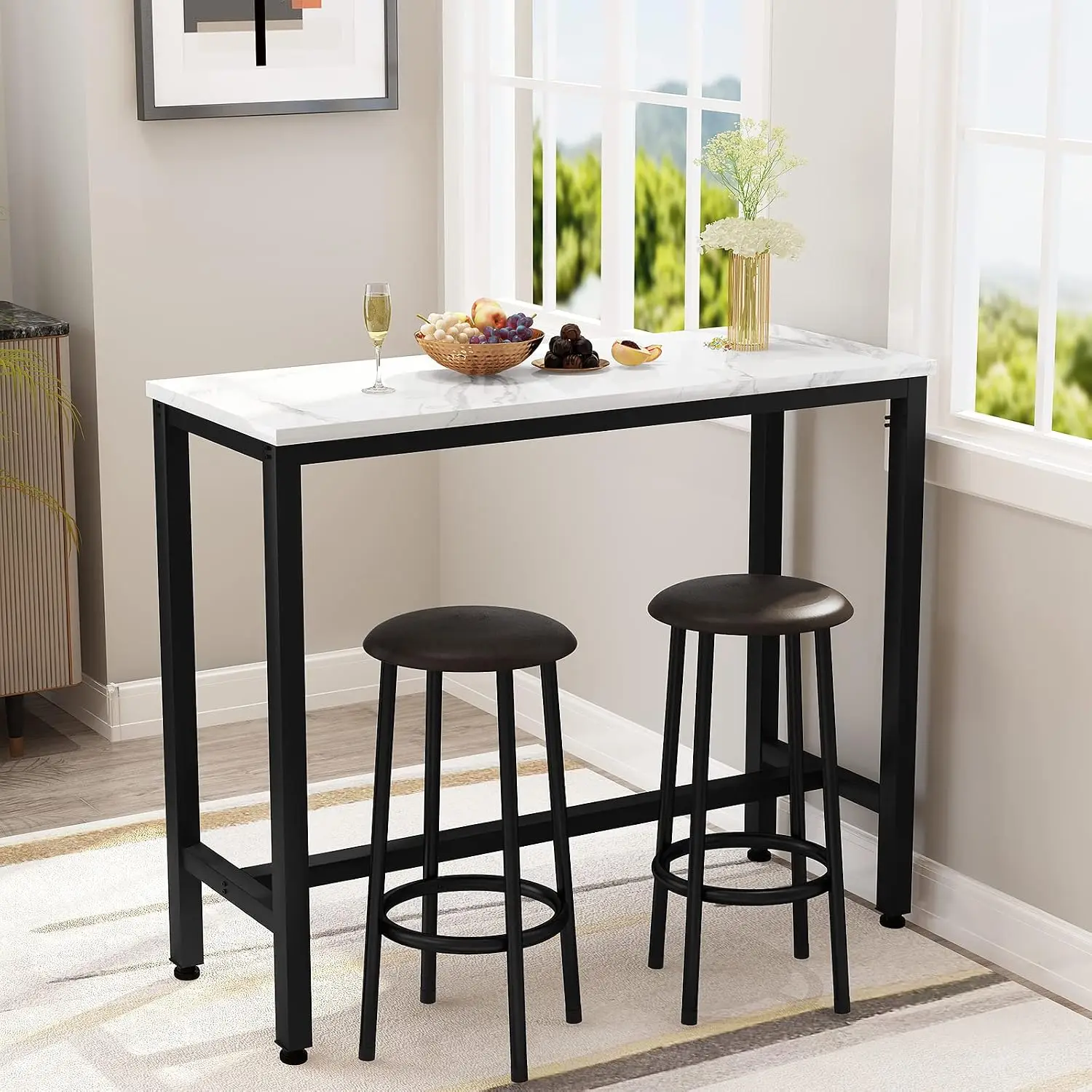 47.2 Inch Bar Table Set Two Faux Marble Pub Height Table Upholstered Stools Three Piece Dining Furniture Living Room Kitchen Bar
