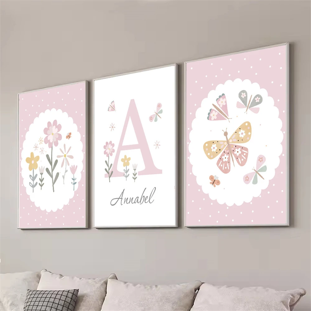 Cute Pink Floral Butterfly Custom Name Wall Art Canvas Painting Nursery Posters and Prints Nordic Wall Pictures Girls Room Decor