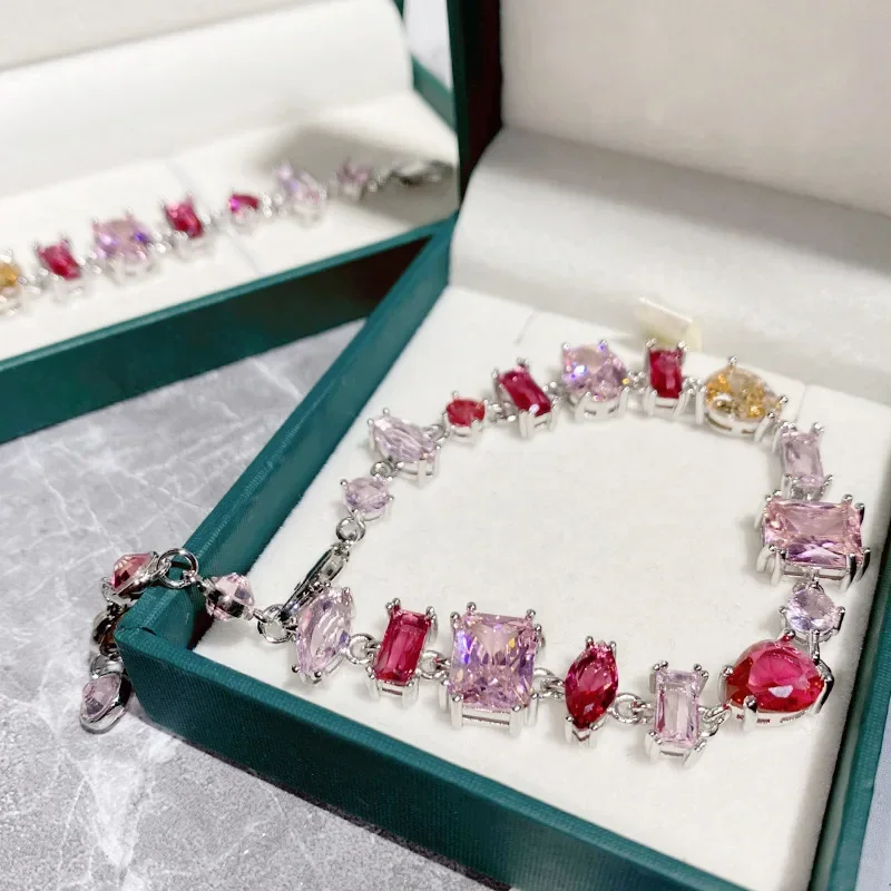 

MDLFES Moissan Diamond Style Барби с розовыми бриллиантами, сладкий стиль, розовые хрустальные браслеты-конфеты для женщин