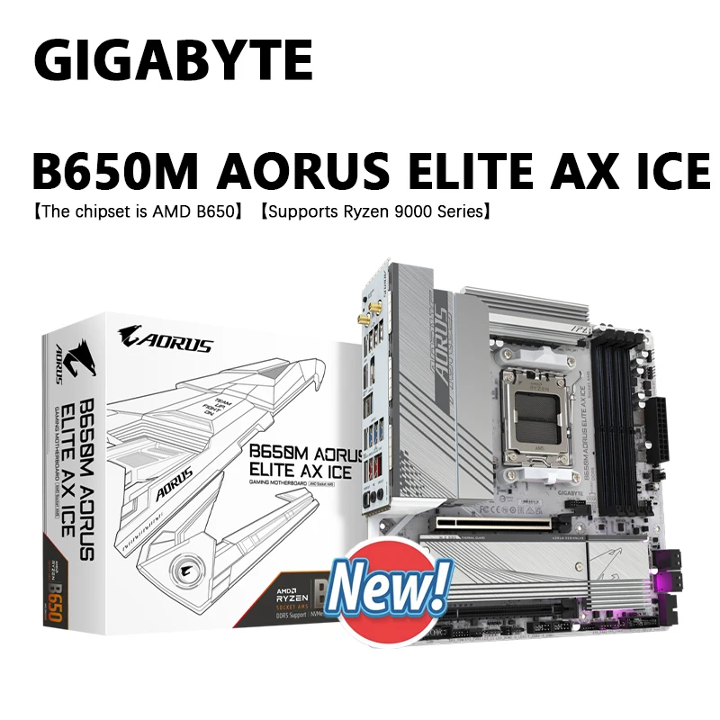 

GIGABYTE GA B650M AORUS ELITE AX ICE New Micro-ATX AMD B650 DDR5 192GB DDR5 8000 (OC) MHz M.2 Wi-Fi 6E Socket AM5 Motherboard