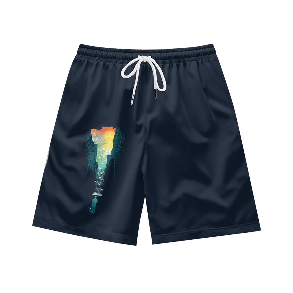 Trendy logo print pattern, suitable for daily wear, casual trend, summer men's drawstring beach sports shorts