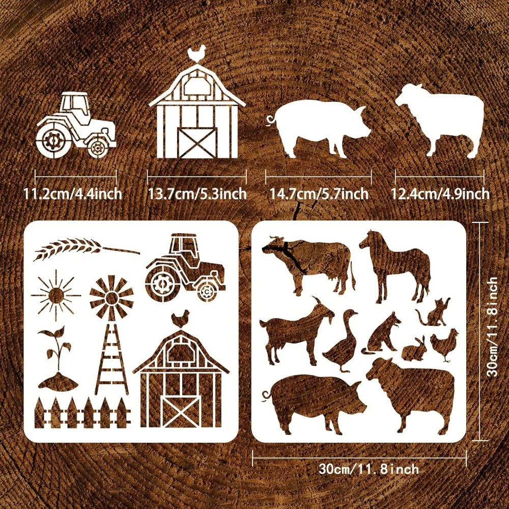 2 pcs Farmhouse Stencil 11.8x11.8inch Reusable Farm Animals Stencil Cattle Sheep Pigs Horses Chickens Ducks and Rabbits