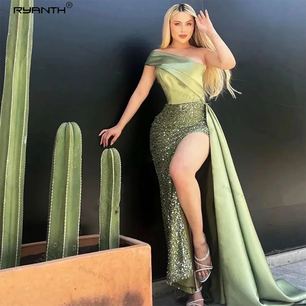 Olive Green One Shoulder Evening Prom Gown High Side Slit Cocktail Party Dresses Satin Sequined Floor Length Celebrity Dress