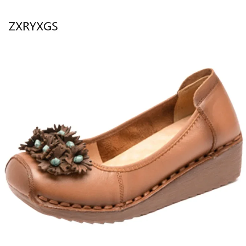 

ZXRYXGS классические туфли премиум-класса из натуральной кожи с цветами, женская новая мягкая нескользящая обувь на танкетке с коровьей сухожильной подошвой, удобная модная обувь 2025