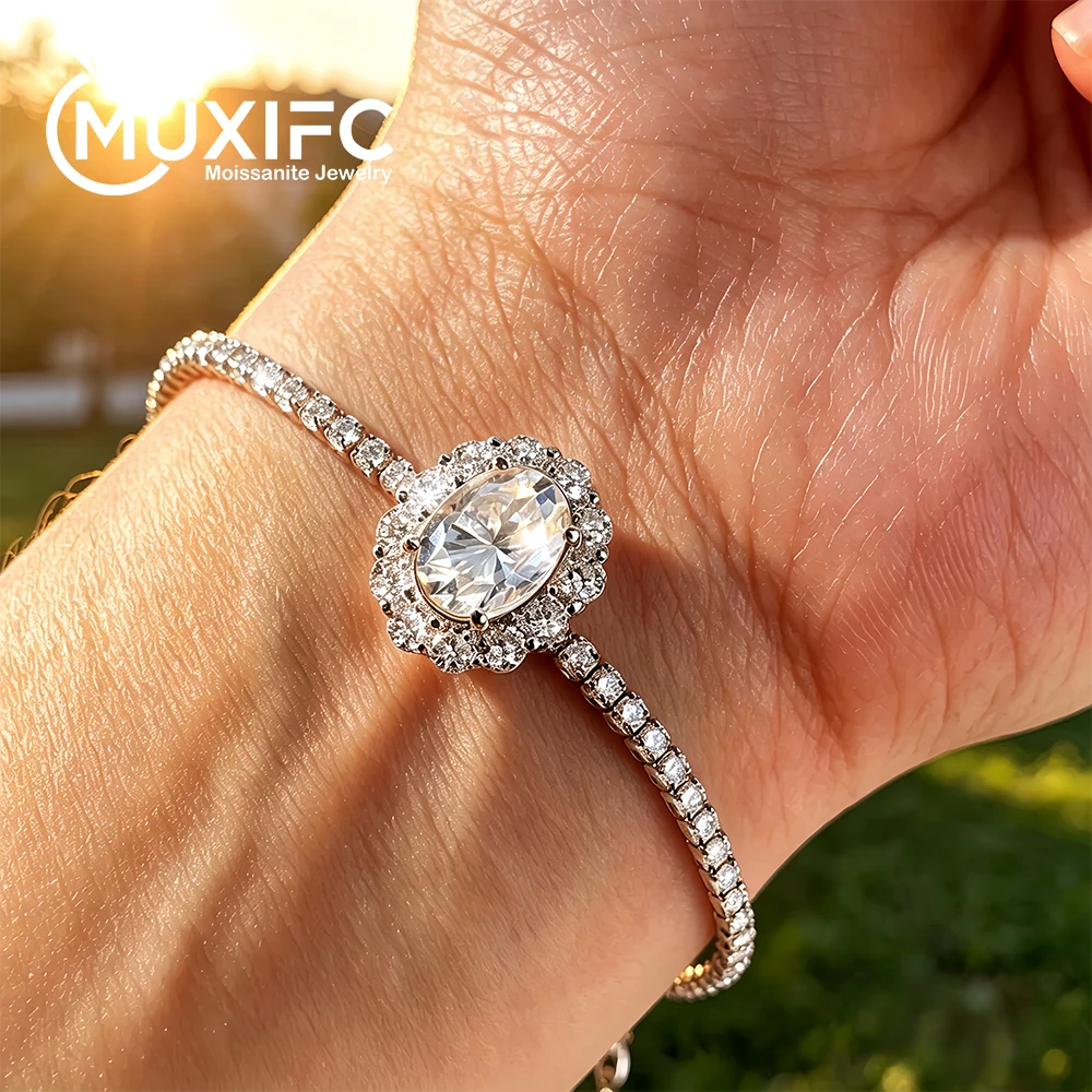 

2CT Oval Cut Moissanite Tennis Bracelet for Women S925 Sterling Silver Adjustable Pass Diamond Test Jewelry for Daily Wear Party