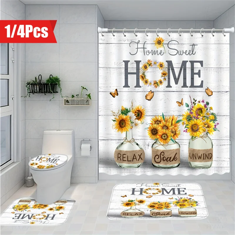 1/4PCs vase sunflower set, waterproof anti-mold bathroom shower curtain with non-slip rugs, toilet lid cover, and