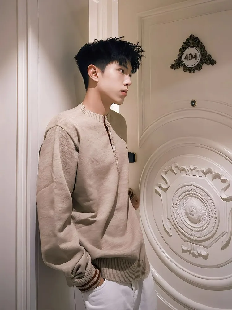 

Американский ретро собака с вышивкой, воротник Генри, длинный свеч, трикотаж, мужской осенне-зимний свитер с высокой чувствительностью базового слоя