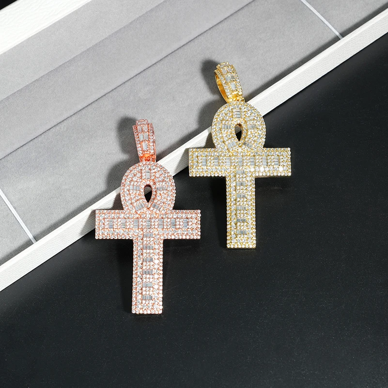 Iced Bling Baguette Moissanite Cross Pendant for Women Hiphop Jewelry 925 Sterling Silver Plated 14K Gold Pass Diamond Tester