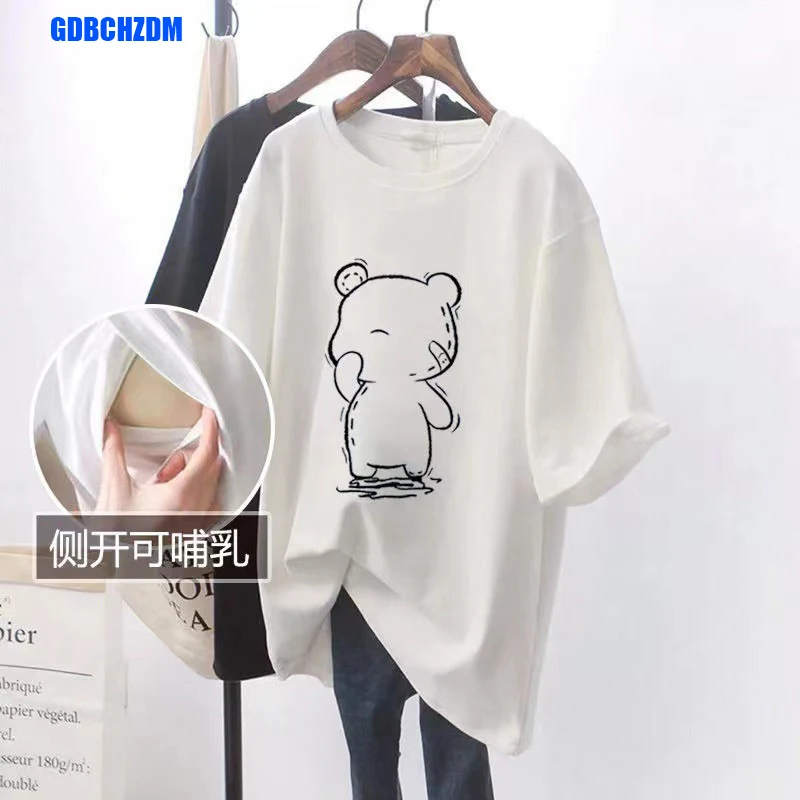 2023 Summer Short Sleeve Cotton Nursing T-shirt Fashion Print Maternal Woman Breastfeeding Clothes Lactation Top Tees pregnancy