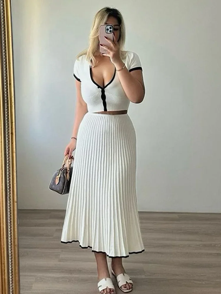 Tossy Knitted Fold Skirt Two Pieces Set Women Deep V Neck Short T-shirt Knitwear High Waist Skirt Patchwork Female Sets Summer