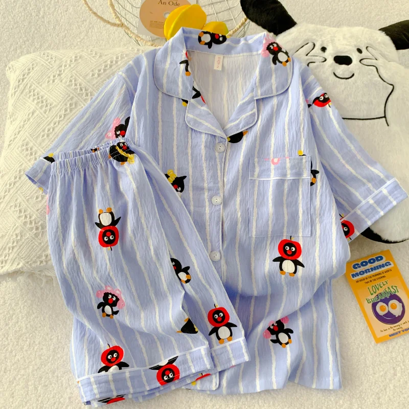 

French Aesthetic Cartoon Kawaii Short Casual Outdoor Sweet and Cute Striped Penguin Print Women's Sleep and Lounge Pajama Set