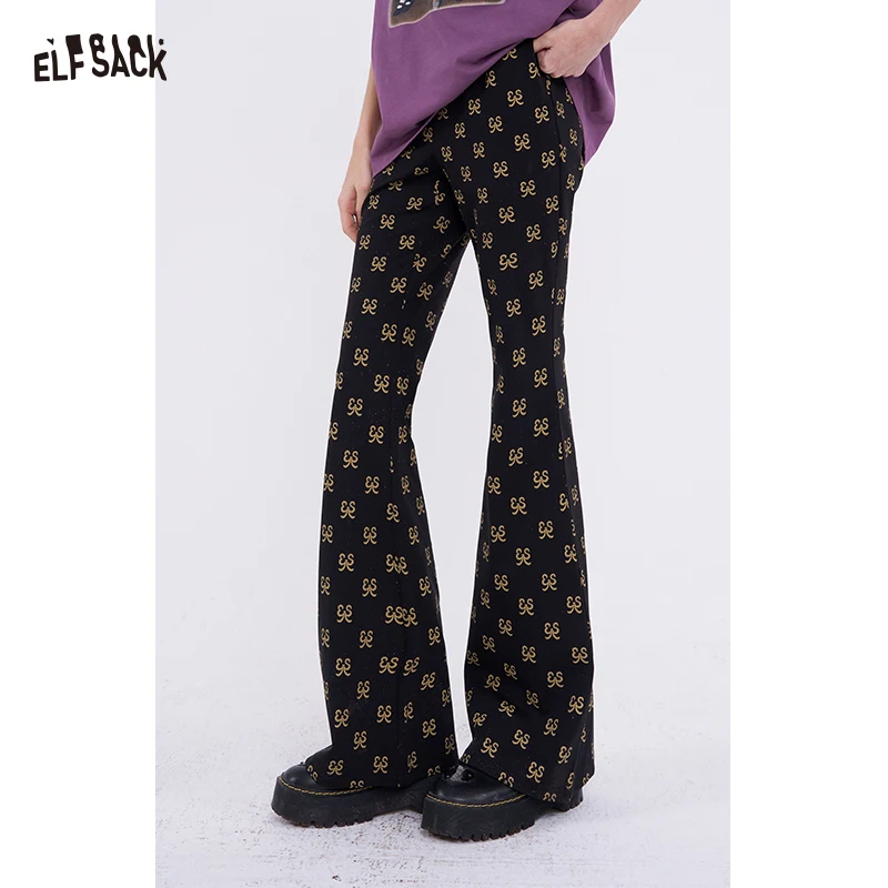

ELFSACK Women's Black Flare Pants with All-over Print, Vintage Y2K Slim Leggings for Streetwear, Chic High Waist Trousers