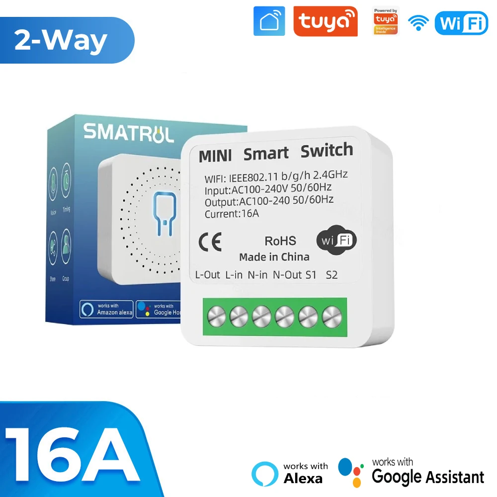 Tuya WiFi Mini Smart Switch Module 16A Two Way Control Zero Fire Wire Smart Home Light Switches Via Alexa Google Home Smart Life